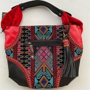 Sharif NYC NWT Tapestry Hobo Bag Boho Leather Tassel Ethnic Purse embroidered